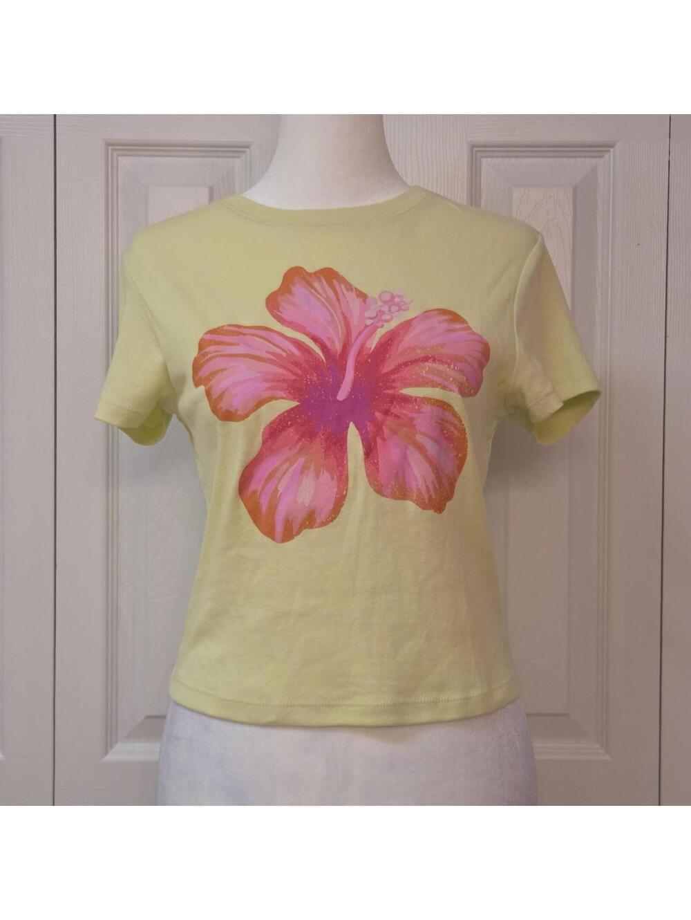 Yellow Pink Hawaiian Floral Baby Tee NoBo Sz M (S) Y2K Tropical Summer Vacay Top